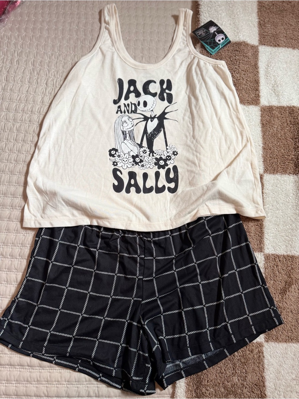 Jack and Sally Cream Graphic Tank with Black Plaid Shorts - Picture 1 of 7
